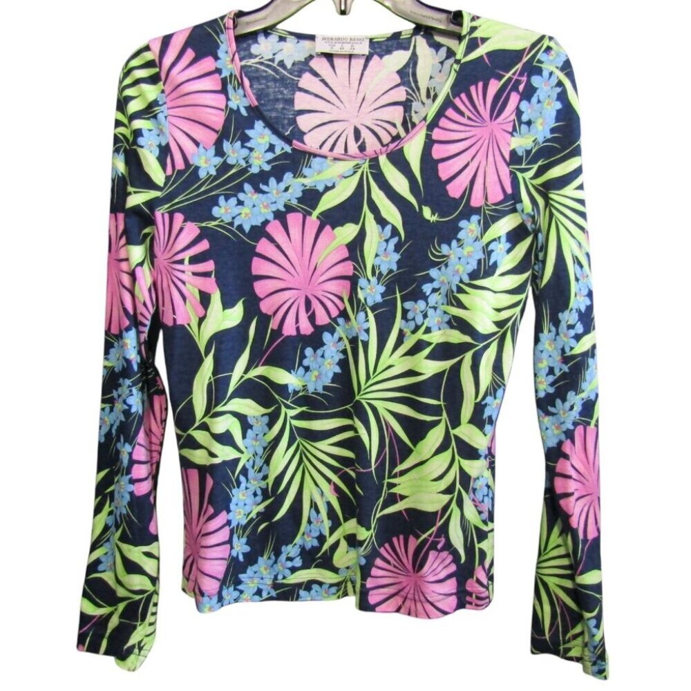 Averardo Bessi Floral Scoop Neck Top Size US 6 Navy Pink Green Long Slv Womens